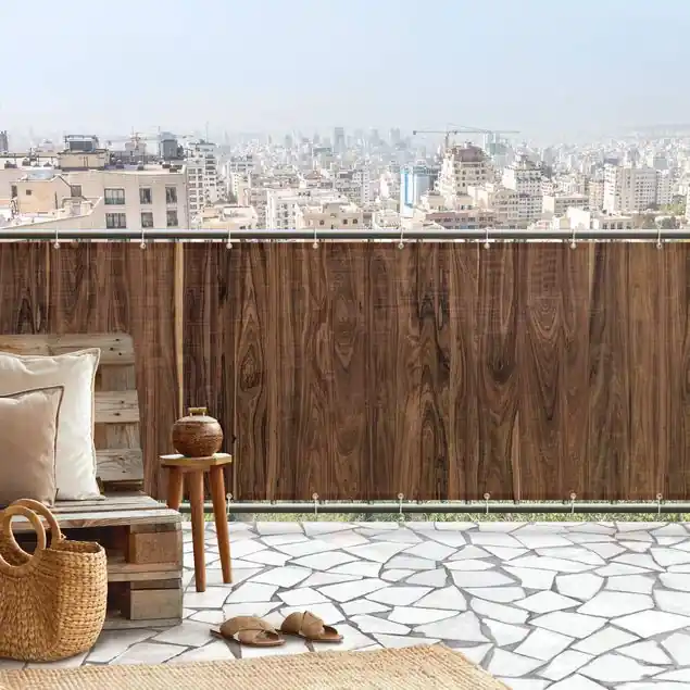 Expressversand Santos Palisander Balkon Sichtschutz • winddurchlässiges Mesh • fertig geöst & inkl. Kabelbinder • Schutzbeschichtung • verstärkte Ränder • gefertigt in Deutschland