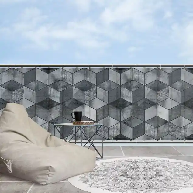 Kristallgraues Würfelmuster Balkon Sichtschutz • winddurchlässiges Mesh • fertig geöst & inkl. Kabelbinder • Schutzbeschichtung • verstärkte Ränder • gefertigt in Deutschland Preiswert