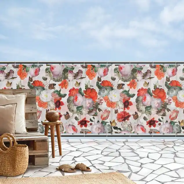 Rote Blumen mit Schmetterlingen Balkon Sichtschutz • winddurchlässiges Mesh • fertig geöst & inkl. Kabelbinder • Schutzbeschichtung • verstärkte Ränder • gefertigt in Deutschland Jetzt Bestellen