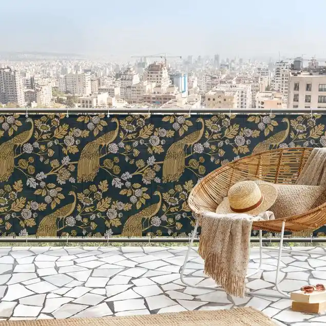 Pfauengarten Mitternachtsgold Balkon Sichtschutz • winddurchlässiges Mesh • fertig geöst & inkl. Kabelbinder • Schutzbeschichtung • verstärkte Ränder • gefertigt in Deutschland Top-Angebot