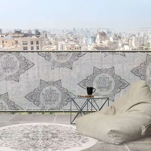 Mandala Lotus Betonoptik Balkon Sichtschutz • winddurchlässiges Mesh • fertig geöst & inkl. Kabelbinder • Schutzbeschichtung • verstärkte Ränder • gefertigt in Deutschland Begrenztes Angebot