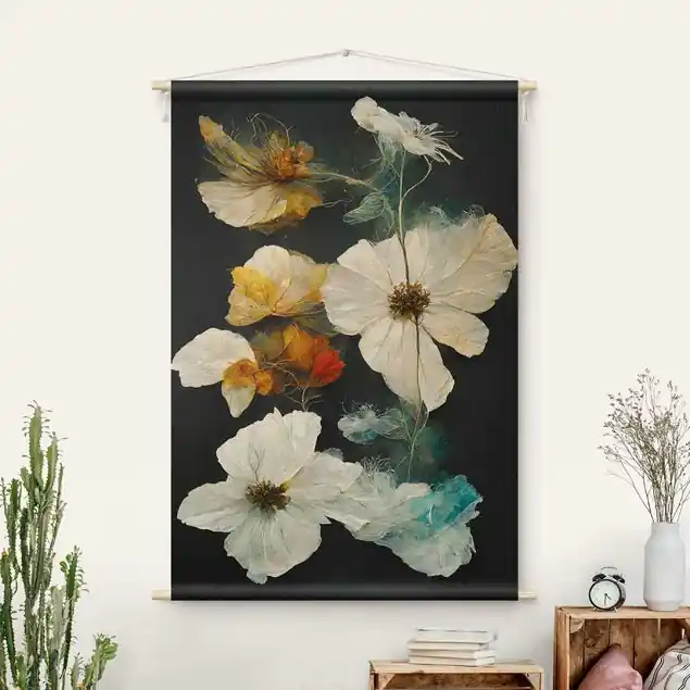 Super-Preis Magische Blüten Wandteppich • Handarbeit aus Deutschland • inkl. Rundhölzer & Baumwollseil • lösemittelfrei • natürliche Raumwirkung