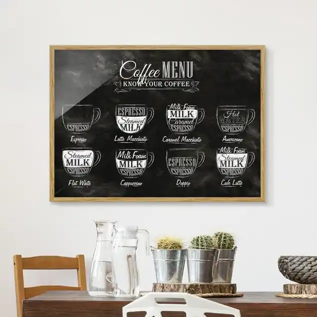 Kaffeesorten Kreidetafel Bild mit Rahmen in Manufakturqualität • Eiche naturbelassen • inkl. Rahmung von Hand • Made in Germany Preiswert