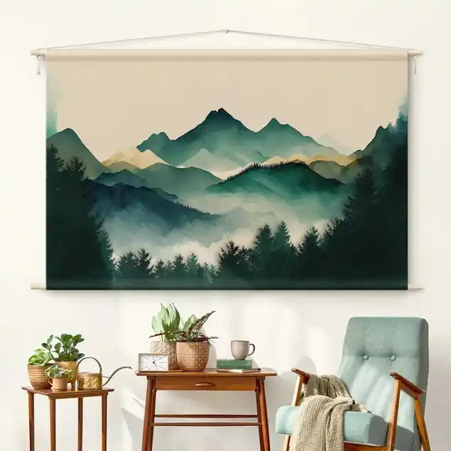 Expressversand Aquarellierte Berglandschaft Wandteppich • Handarbeit aus Deutschland • inkl. Rundhölzer & Baumwollseil • lösemittelfrei • natürliche Raumwirkung