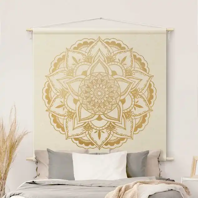 Mandala Blume gold weiß Wandteppich • Handarbeit aus Deutschland • inkl. Rundhölzer & Baumwollseil • lösemittelfrei • natürliche Raumwirkung Kracherpreis
