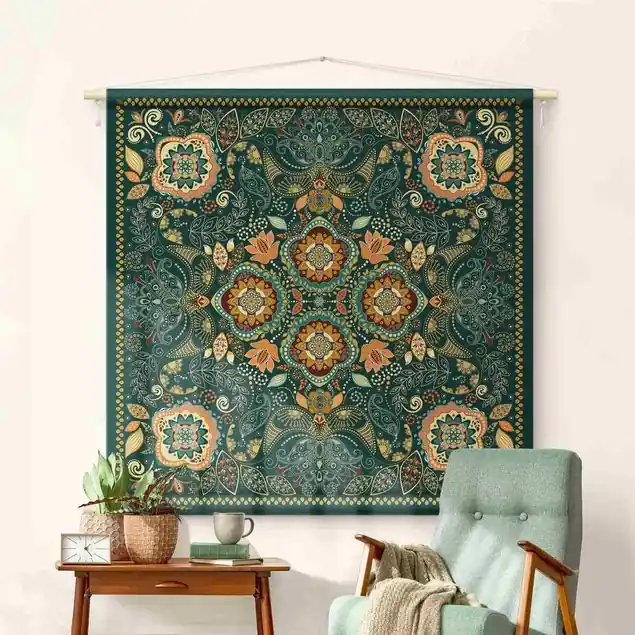 Detailliertes Boho Muster in Grün Wandteppich • Handarbeit aus Deutschland • inkl. Rundhölzer & Baumwollseil • lösemittelfrei • natürliche Raumwirkung Bestseller