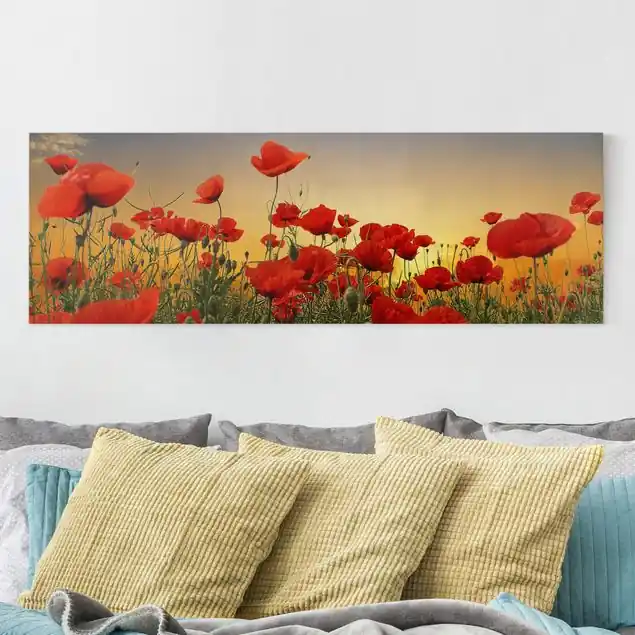Preisreduziert Mohnblumenfeld im Sonnenuntergang Leinwandbild • hergestellt in Deutschland • langlebiges Canvas mit Holzkeilrahmen • klassische Struktur