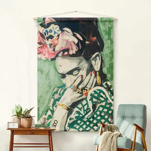 Garantierte Lieferung Frida Kahlo - Collage No.3 Wandteppich • Handarbeit aus Deutschland • inkl. Rundhölzer & Baumwollseil • lösemittelfrei • natürliche Raumwirkung