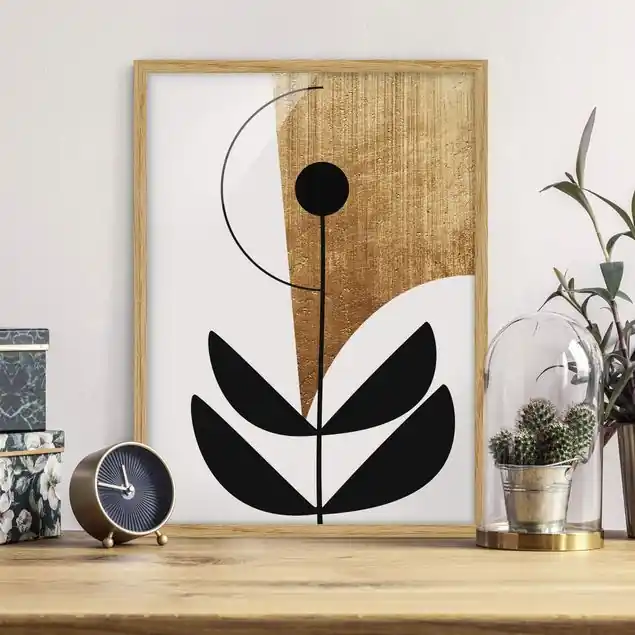 Markenware Abstrakte Formen - Blume Gold Bild mit Rahmen in Manufakturqualität • Eiche naturbelassen • inkl. Rahmung von Hand • Made in Germany