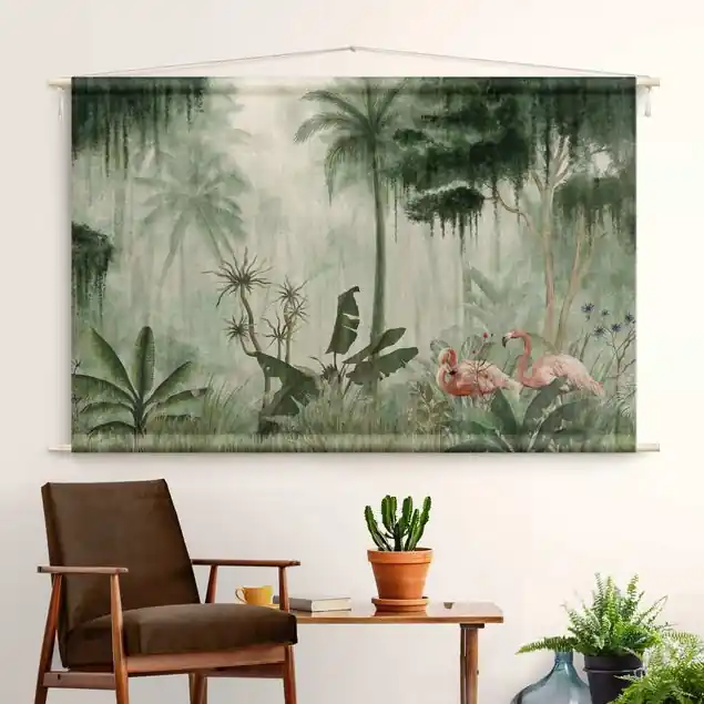 Flamingos im Dschungel Wandteppich • Handarbeit aus Deutschland • inkl. Rundhölzer & Baumwollseil • lösemittelfrei • natürliche Raumwirkung Knallerangebot