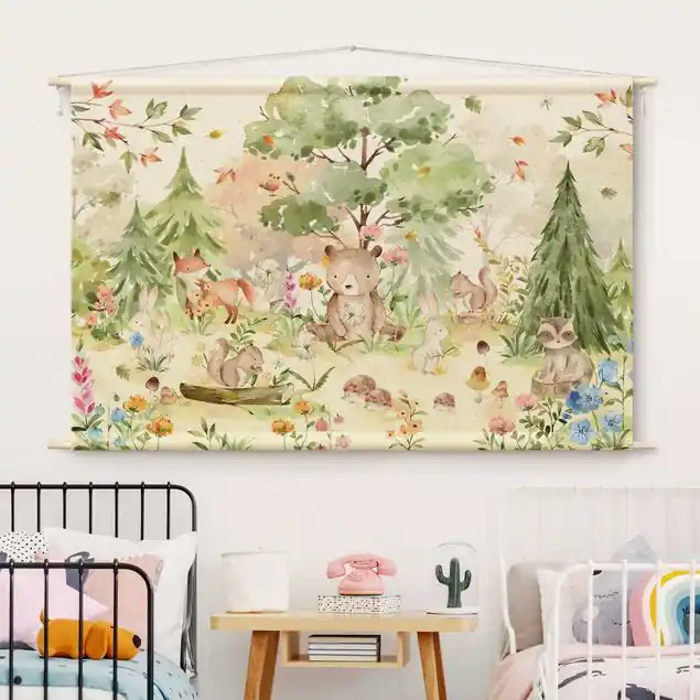 Garantierte Lieferung Aquarell Waldtiere Wandteppich • Handarbeit aus Deutschland • inkl. Rundhölzer & Baumwollseil • lösemittelfrei • natürliche Raumwirkung