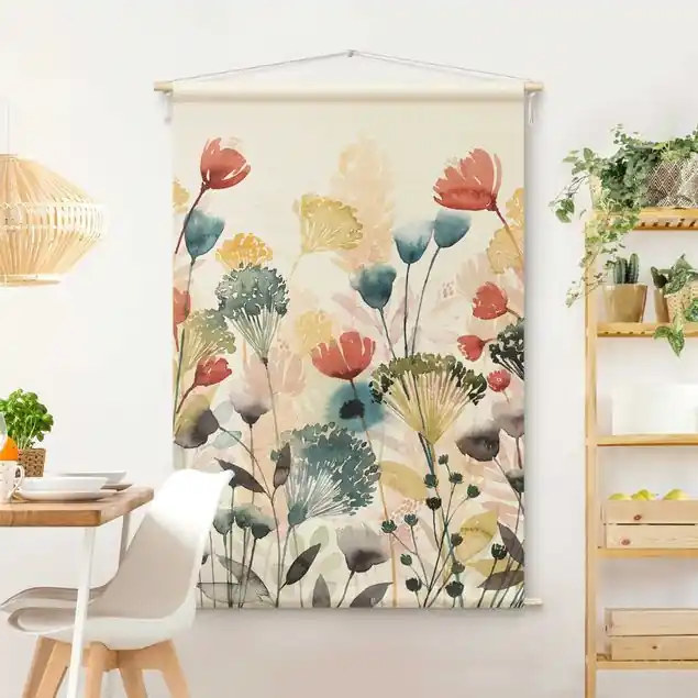 Wildblumen im Sommer II Wandteppich • Handarbeit aus Deutschland • inkl. Rundhölzer & Baumwollseil • lösemittelfrei • natürliche Raumwirkung Knallerangebot