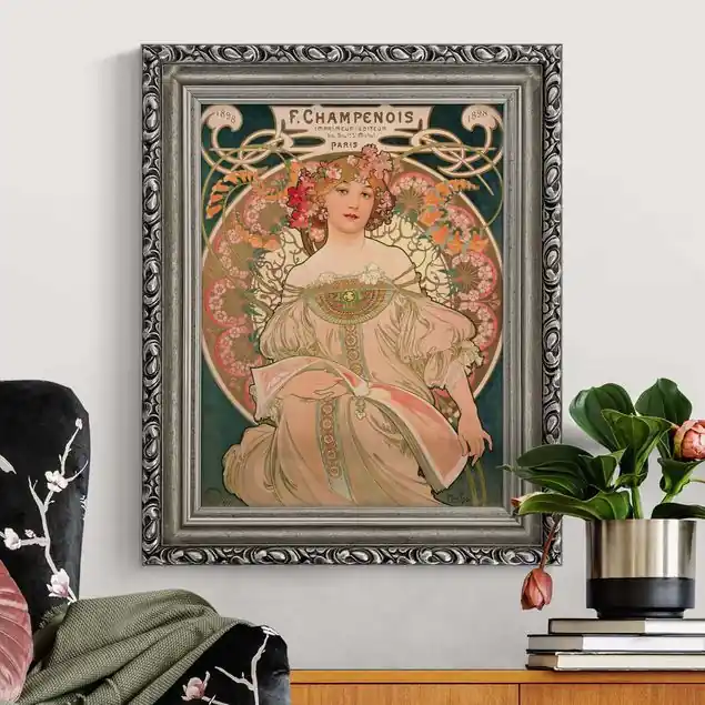 Jetzt Bestellen Alfons Mucha - Plakat für F. Champenois Brillantes Leinwandbild • inkl. silbernem Barockrahmen • Made in Germany • filigrane Verzierungen in Antikoptik • perfektes Eyecatcher-Piece