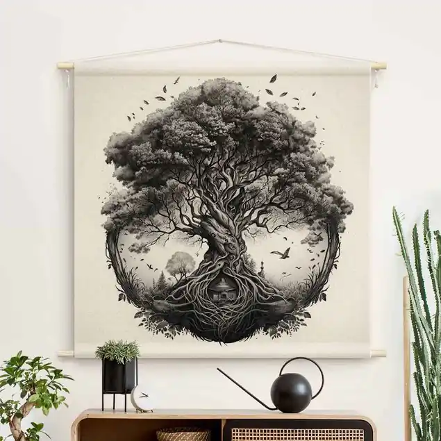 Baum des Lebens Illustration Wandteppich • Handarbeit aus Deutschland • inkl. Rundhölzer & Baumwollseil • lösemittelfrei • natürliche Raumwirkung Top-Preis