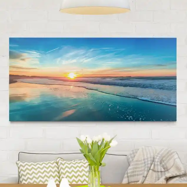 Romantischer Sonnenuntergang am Meer Leinwandbild • hergestellt in Deutschland • langlebiges Canvas mit Holzkeilrahmen • klassische Struktur Meistverkauft