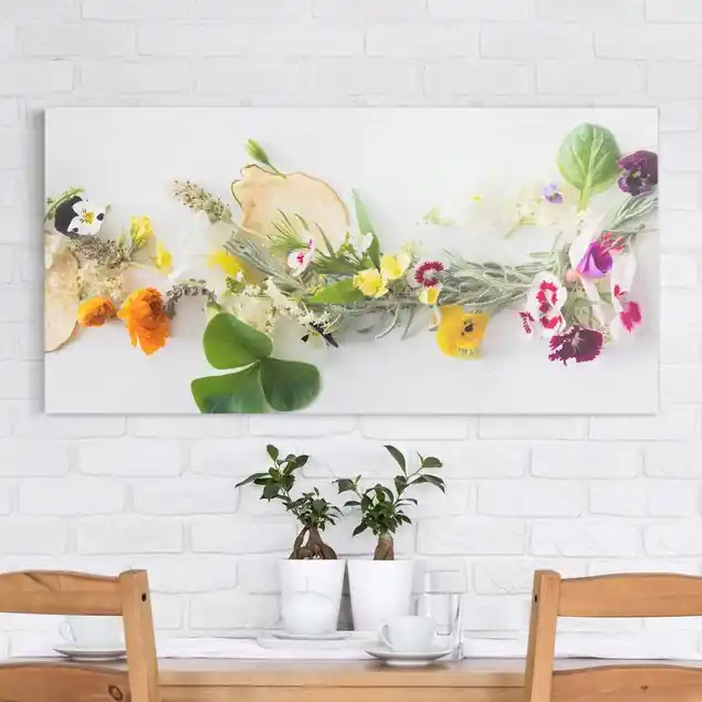 Direktkauf Frische Kräuter mit Essblüten Leinwandbild • hergestellt in Deutschland • langlebiges Canvas mit Holzkeilrahmen • klassische Struktur