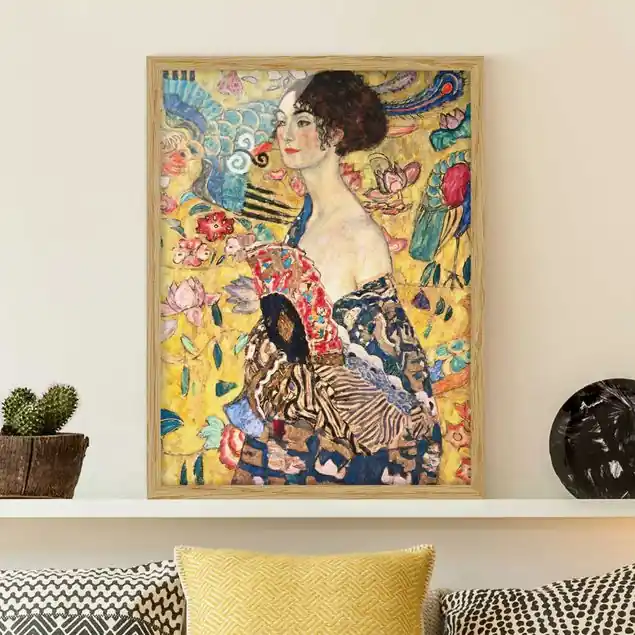 Direkt Vom Hersteller Gustav Klimt - Dame mit Fächer Bild mit Rahmen in Manufakturqualität • Eiche naturbelassen • inkl. Rahmung von Hand • Made in Germany