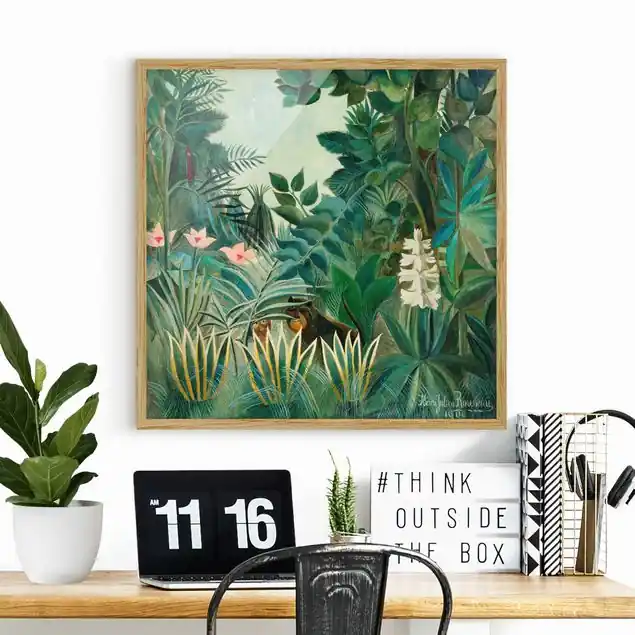 Henri Rousseau - Dschungel am Äquator Bild mit Rahmen in Manufakturqualität • Eiche naturbelassen • inkl. Rahmung von Hand • Made in Germany Begrenztes Angebot
