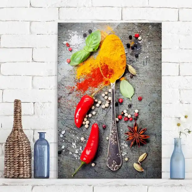 Löffel mit Gewürzen Glasbild - Hochformat Heißes Angebot