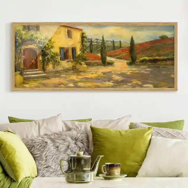 Italienische Landschaft - Toskana Bild mit Rahmen in Manufakturqualität • Eiche naturbelassen • inkl. Rahmung von Hand • Made in Germany Preiswert