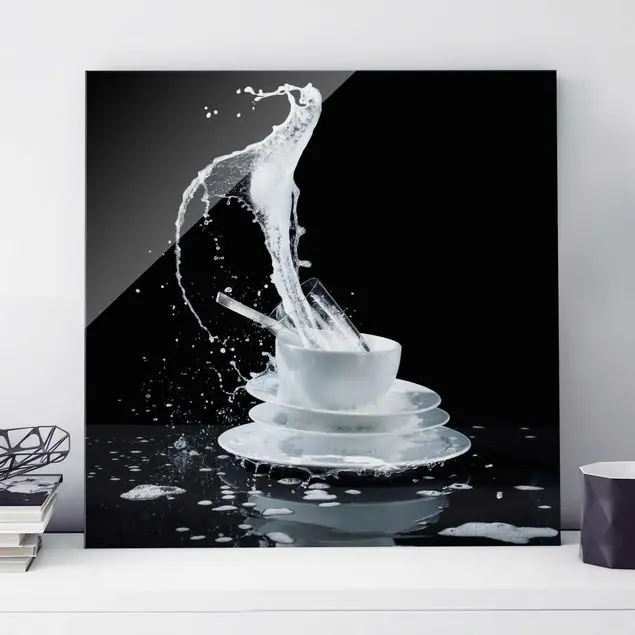 Sichere Zahlung Geschirr mit Spülmittel-Splash Glasbild - Quadrat