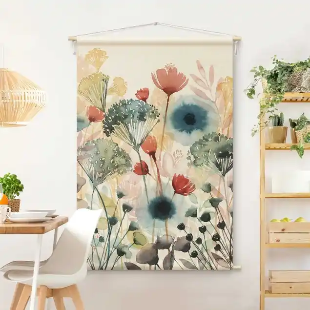 Kracherpreis Wildblumen im Sommer I Wandteppich • Handarbeit aus Deutschland • inkl. Rundhölzer & Baumwollseil • lösemittelfrei • natürliche Raumwirkung