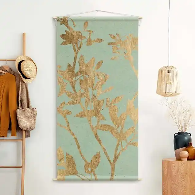 Goldene Blätter auf Turquoise II Wandteppich • Handarbeit aus Deutschland • inkl. Rundhölzer & Baumwollseil • lösemittelfrei • natürliche Raumwirkung Sonderangebot