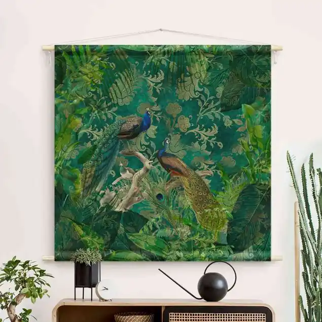 Shabby Chic Collage - Edler Pfau II Wandteppich • Handarbeit aus Deutschland • inkl. Rundhölzer & Baumwollseil • lösemittelfrei • natürliche Raumwirkung Gratis Versand
