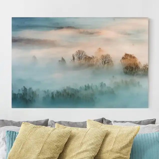 Nebel bei Sonnenaufgang Leinwandbild • hergestellt in Deutschland • langlebiges Canvas mit Holzkeilrahmen • klassische Struktur Letzte Chance