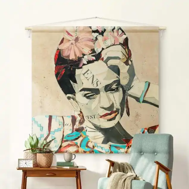 Frida Kahlo - Collage No.1 Wandteppich • Handarbeit aus Deutschland • inkl. Rundhölzer & Baumwollseil • lösemittelfrei • natürliche Raumwirkung Ausverkauf