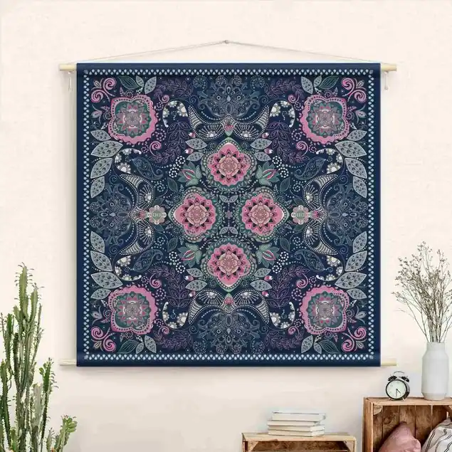 Detailliertes Boho Muster in Blau Wandteppich • Handarbeit aus Deutschland • inkl. Rundhölzer & Baumwollseil • lösemittelfrei • natürliche Raumwirkung Top-Angebot