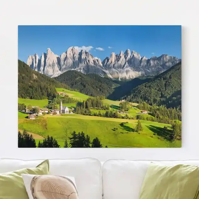 Ausverkauf Geislerspitzen in Südtirol Leinwandbild • hergestellt in Deutschland • langlebiges Canvas mit Holzkeilrahmen • klassische Struktur