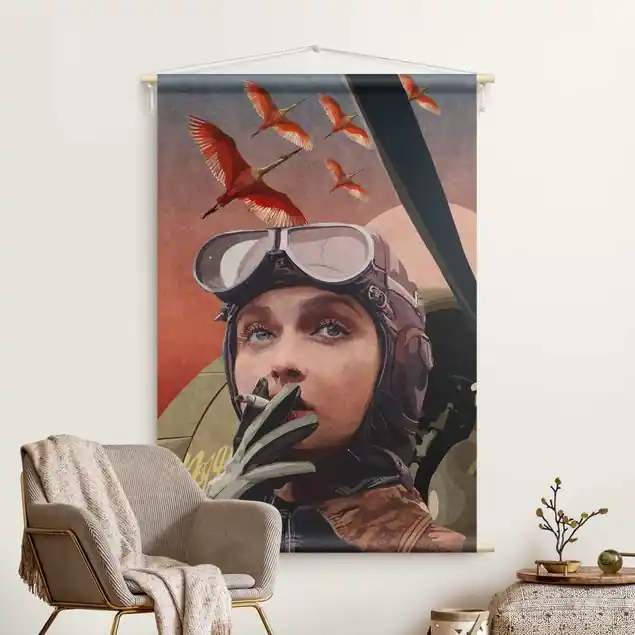 Kracherpreis Emel Tunaboylu - Vintage Pilotin Wandteppich • Handarbeit aus Deutschland • inkl. Rundhölzer & Baumwollseil • lösemittelfrei • natürliche Raumwirkung