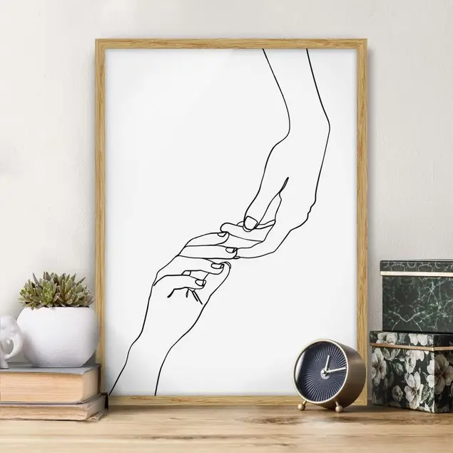 Line Art Hände Berührung Schwarz Weiß Bild mit Rahmen in Manufakturqualität • Eiche naturbelassen • inkl. Rahmung von Hand • Made in Germany Schneller Versand
