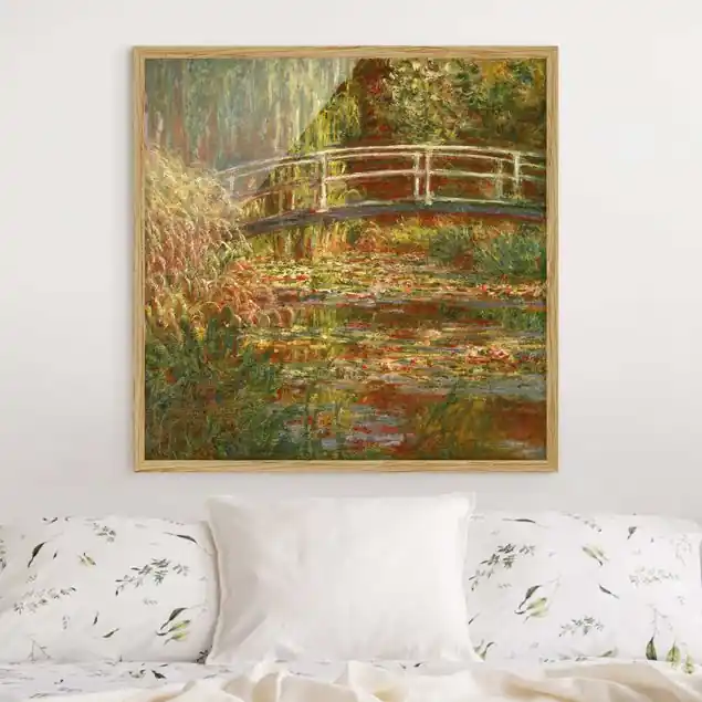 Claude Monet - Seerosenteich und japanische Brücke (Harmonie in rosa) Bild mit Rahmen in Manufakturqualität • Eiche naturbelassen • inkl. Rahmung von Hand • Made in Germany Preis Gesenkt