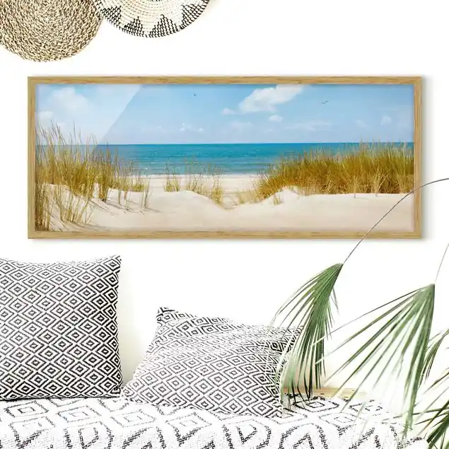Mega-Angebot Strand an der Nordsee Bild mit Rahmen in Manufakturqualität • Eiche naturbelassen • inkl. Rahmung von Hand • Made in Germany