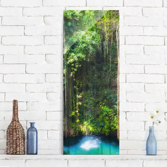 Hängende Wurzeln von Ik-Kil Cenote Glasbild - Hochformat Preiswert
