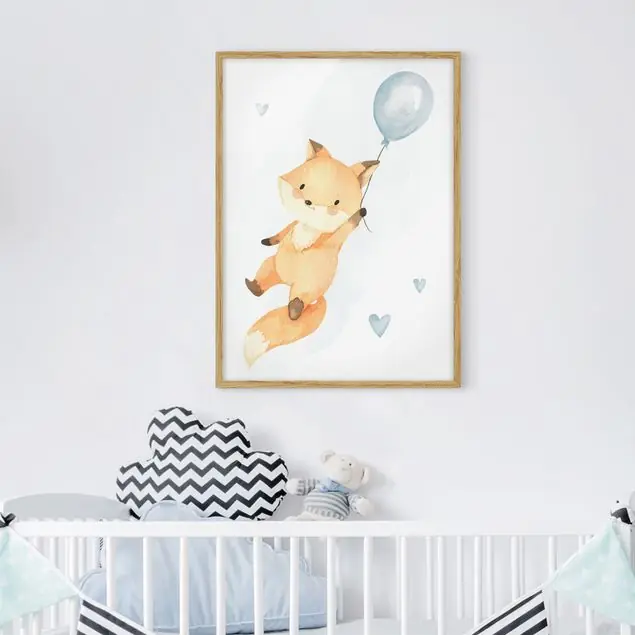 Begrenztes Angebot Fuchsbaby mit Luftballon Blau Bild mit Rahmen in Manufakturqualität • Eiche naturbelassen • inkl. Rahmung von Hand • Made in Germany