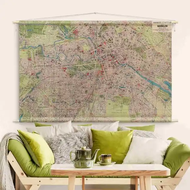Beliebt Vintage Stadtplan Berlin Wandteppich • Handarbeit aus Deutschland • inkl. Rundhölzer & Baumwollseil • lösemittelfrei • natürliche Raumwirkung