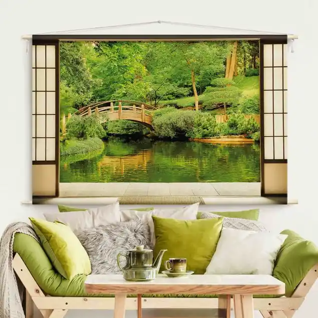 Expressversand Lake View Wandteppich • Handarbeit aus Deutschland • inkl. Rundhölzer & Baumwollseil • lösemittelfrei • natürliche Raumwirkung