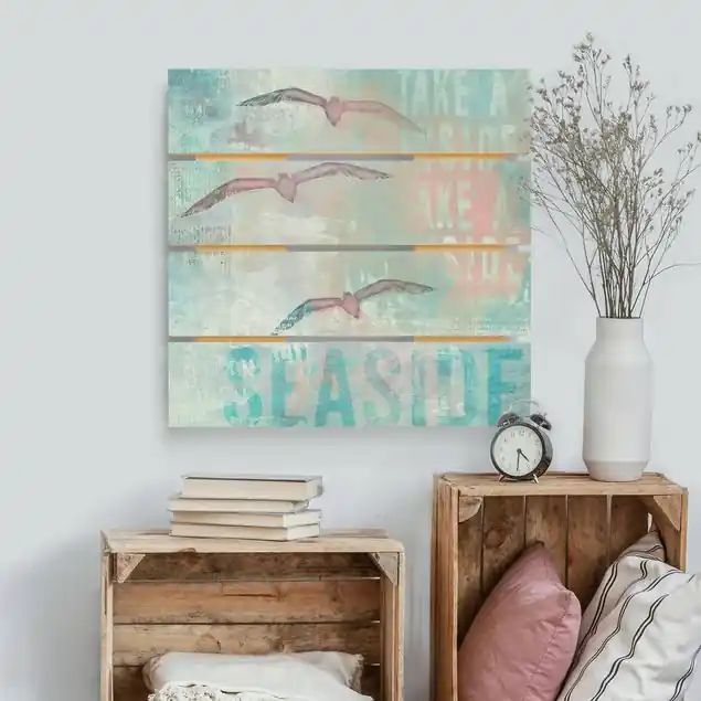 Shabby Chic Collage - Möwen Holzbild Plankenoptik - Quadrat Neu