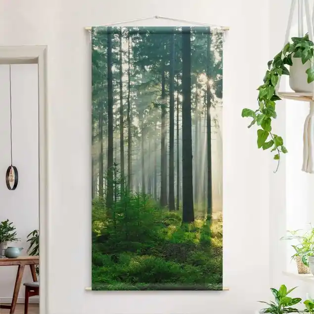 Markenware Enlightened Forest Wandteppich • Handarbeit aus Deutschland • inkl. Rundhölzer & Baumwollseil • lösemittelfrei • natürliche Raumwirkung