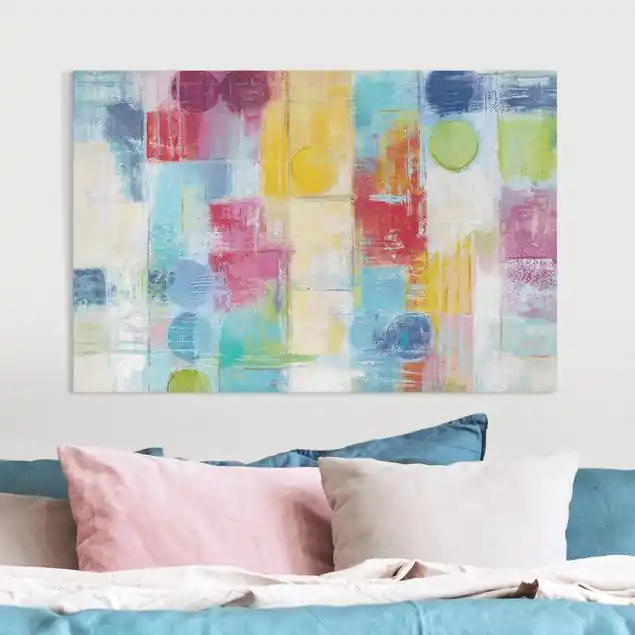 Abstrakte Kreise und Vierecke Leinwandbild • hergestellt in Deutschland • langlebiges Canvas mit Holzkeilrahmen • klassische Struktur Bestpreis
