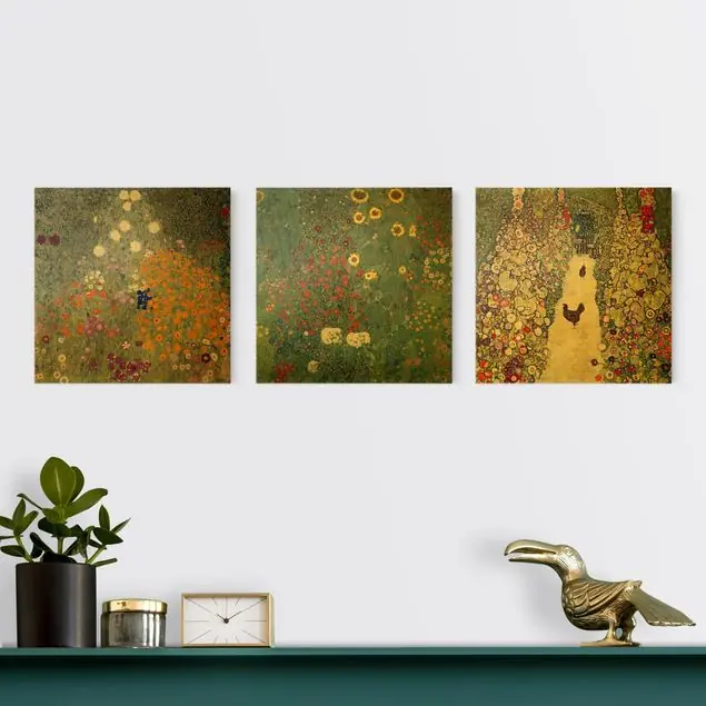 Gustav Klimt - Im Garten 3-teiliges Leinwandbild - Quadrat Markenprodukt