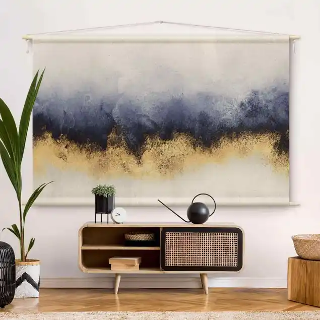 Sonderangebot Wolkenhimmel mit Gold Wandteppich • Handarbeit aus Deutschland • inkl. Rundhölzer & Baumwollseil • lösemittelfrei • natürliche Raumwirkung