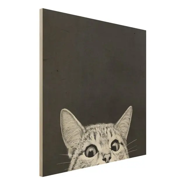 Zertifiziert Illustration Katze Schwarz Weiß Zeichnung Holzbild - Quadrat