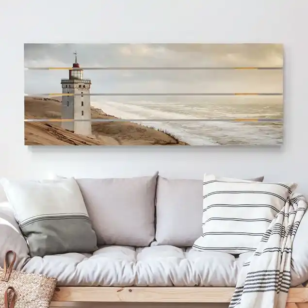 Leuchtturm in Dänemark Holzbild Plankenoptik - Panorama Knallerangebot
