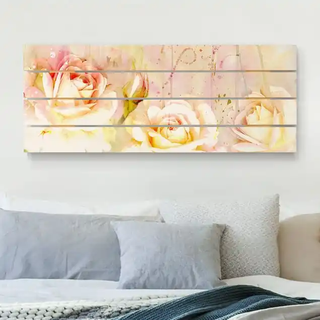 Neu Aquarell Blumen Rosen Holzbild Plankenoptik - Panorama