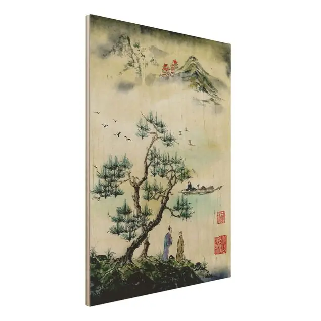 Japanische Aquarell Zeichnung Kiefer und Bergdorf Holzbild - Hochformat 3:4 Begrenztes Angebot