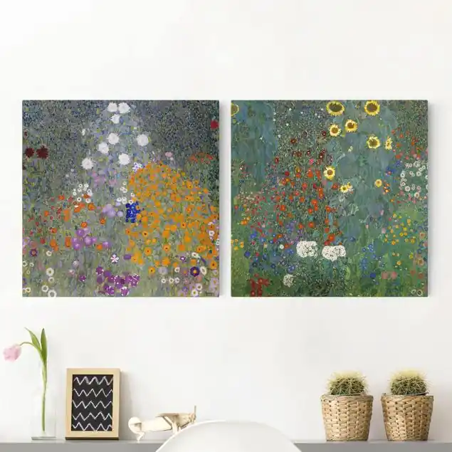 Solange Der Vorrat Reicht Gustav Klimt - Im grünen Garten 2-teiliges Leinwandbild - Quadrat